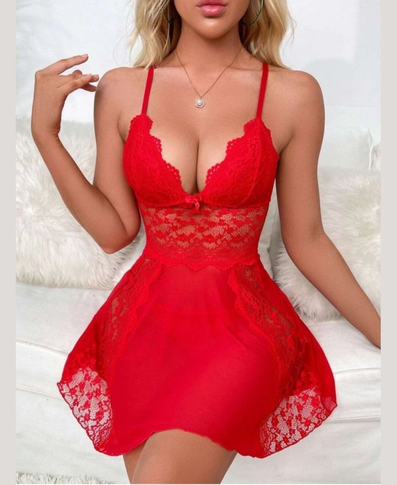 Beleng Kadın Mini Volanlı Kırmızı Dantelli Transparan Fantezi Gecelik -6029 Kırmızı - M/L