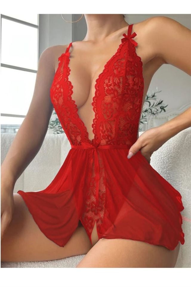 YNT Kırmızı Özel Bölgesi Açık Zarif Çok Şık Gecelik 15048 Kırmızı - 2XL-3XL