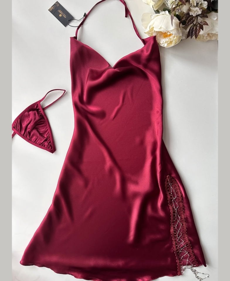 Bordo Derin Dekolte Degaje Yaka Yanı Aksesuar Detaylı Mini Gecelik/Babydoll- 3031 Bordo - M/L