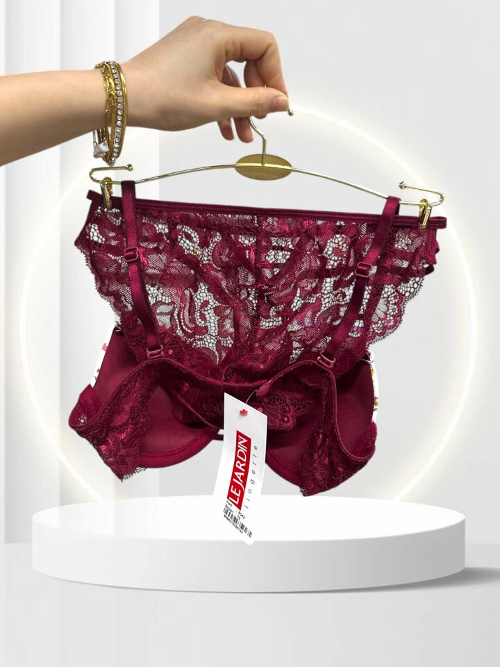 Intive Çiçek Desenli Destekli Tangası Şeritli Tasarım Şık Feminen Sütyen Takım Bordo - 85B