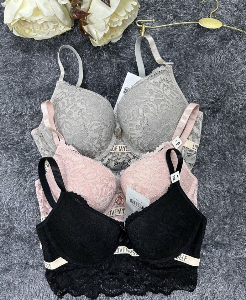 -Love myself- Yazılı Balenli Sakallı Dantel Hafif Destekli B-C Cup Uyumlu Sütyen Gri - 90B
