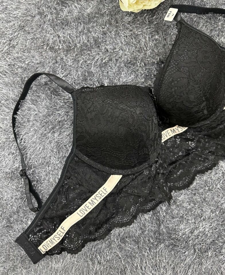 -Love myself- Yazılı Balenli Sakallı Dantel Hafif Destekli B-C Cup Uyumlu Sütyen Siyah - 80B