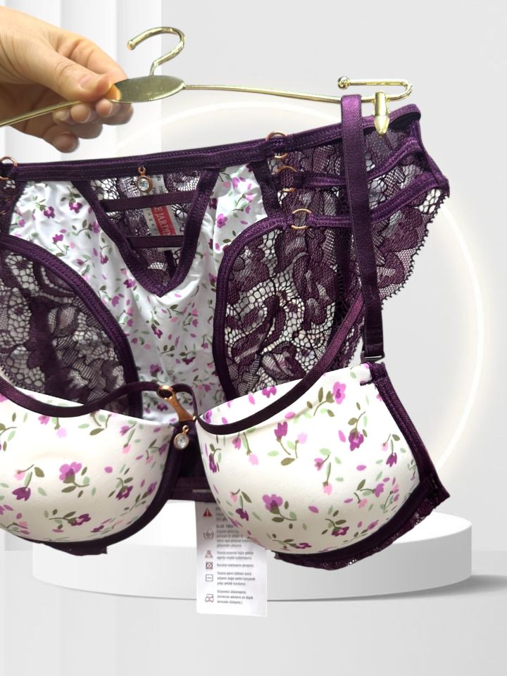 Intive Çiçek Desenli Destekli Tangası Şeritli Tasarım Şık Feminen Sütyen Takım Mürdüm - 80B