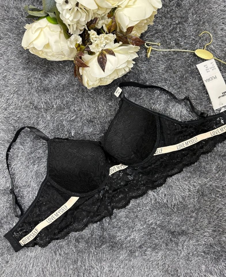 -Love myself- Yazılı Balenli Sakallı Dantel Hafif Destekli B-C Cup Uyumlu Sütyen Siyah - 90B