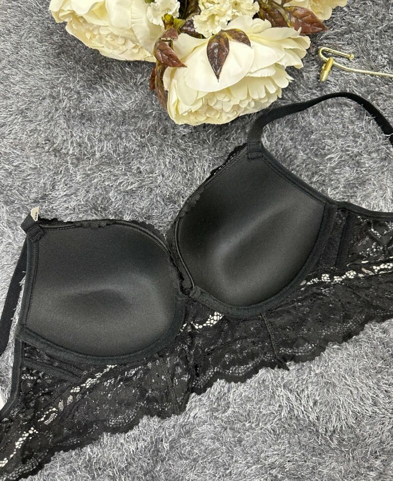 -Love myself- Yazılı Balenli Sakallı Dantel Hafif Destekli B-C Cup Uyumlu Sütyen Siyah - 90B