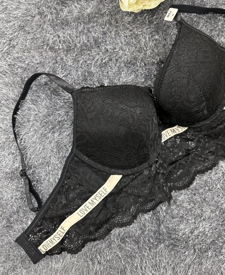 -Love myself- Yazılı Balenli Sakallı Dantel Hafif Destekli B-C Cup Uyumlu Sütyen Siyah - 90B