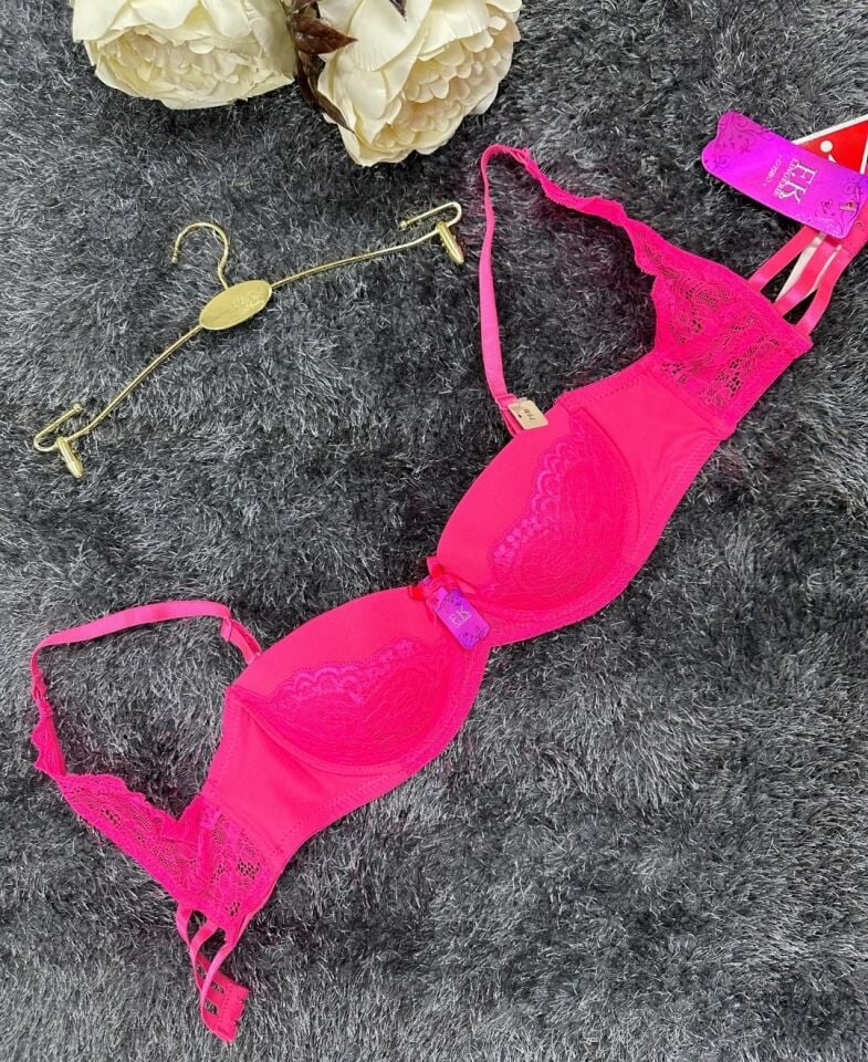 Barbie Pembe Arkası Metal Kancalı Dantelli ve Şeritli Balenli Hafif Destekli Sütyen 384 Pembe - 90B