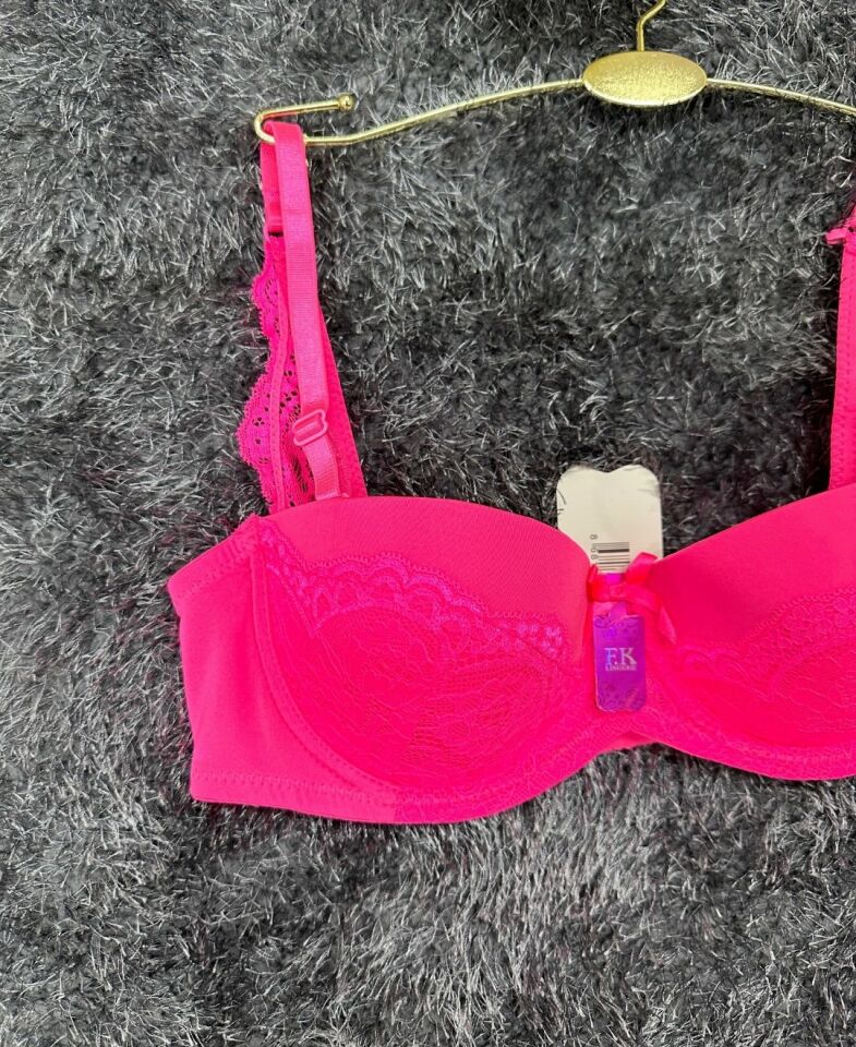 Barbie Pembe Arkası Metal Kancalı Dantelli ve Şeritli Balenli Hafif Destekli Sütyen 384 Pembe - 75B