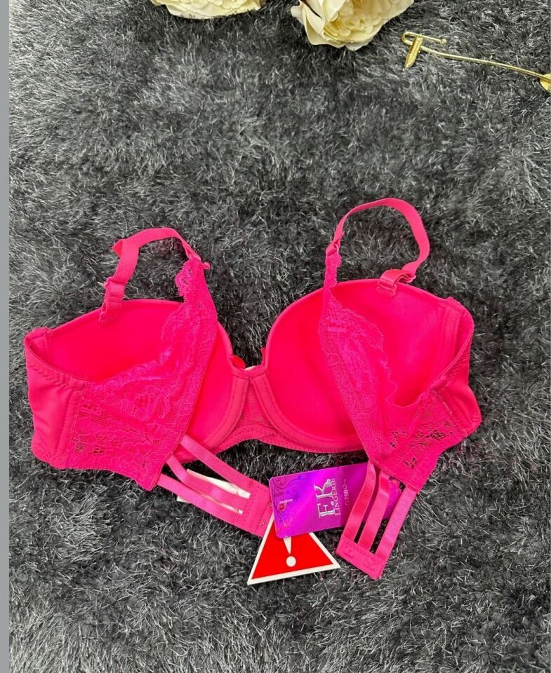 Barbie Pembe Arkası Metal Kancalı Dantelli ve Şeritli Balenli Hafif Destekli Sütyen 384 Pembe - 75B