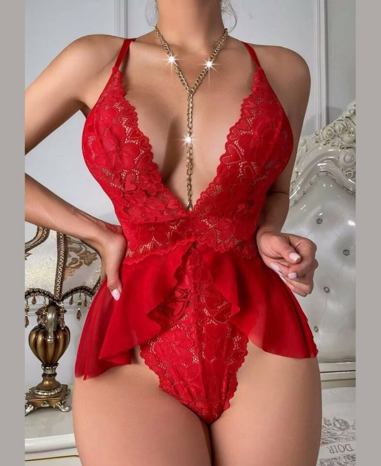 Intive Kadın Dantelli Kırmızı Zincir Detaylı Derin V Yaka Volanlı Büstiyer Kırmızı - L/XL