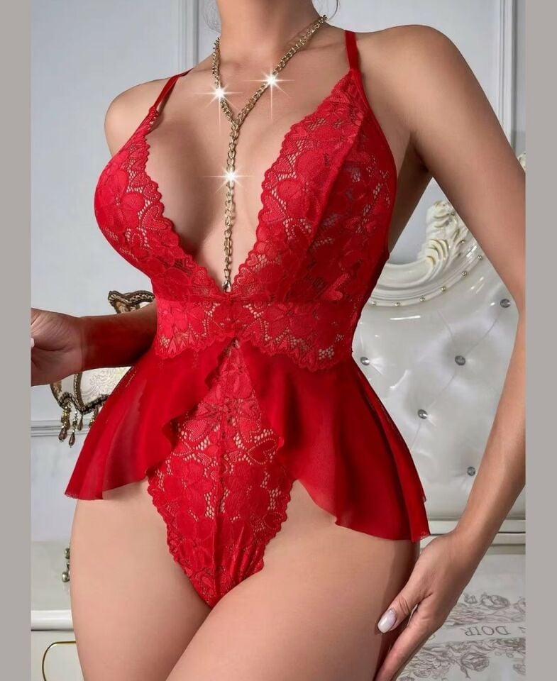 Intive Kadın Dantelli Kırmızı Zincir Detaylı Derin V Yaka Volanlı Büstiyer Kırmızı - L/XL