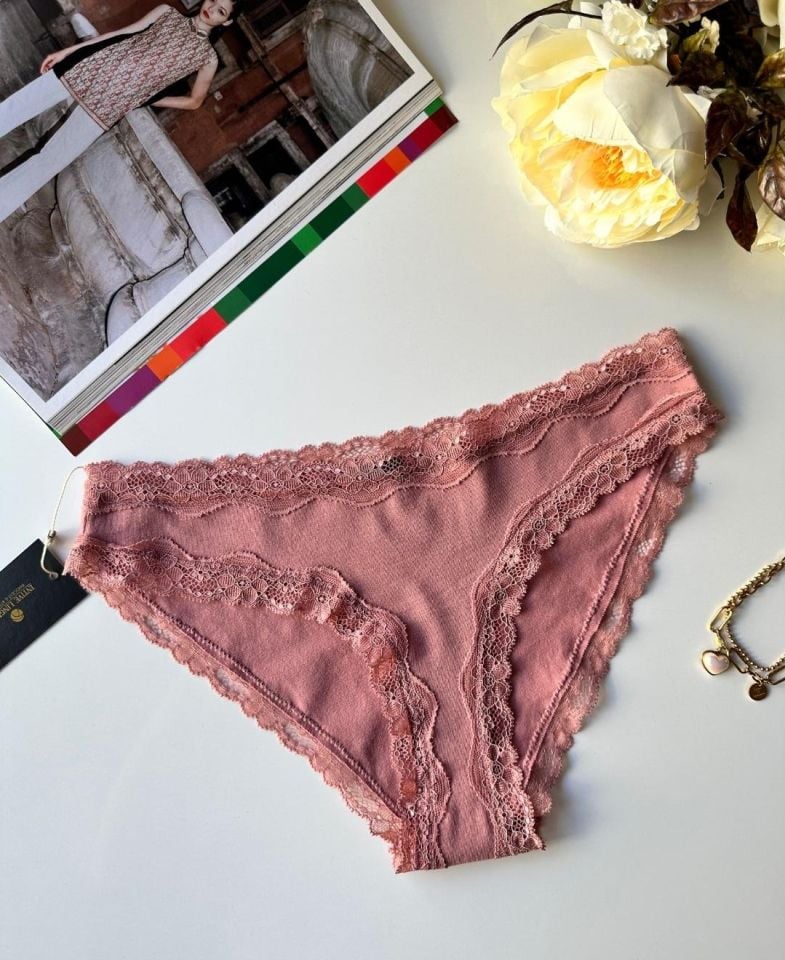 Arlet Kadın Pamuklu Rahat Günlük Kullanım Dantelli Slip/Külot (Lila-Gül Kurusu- Krem) Gül Kurusu - S