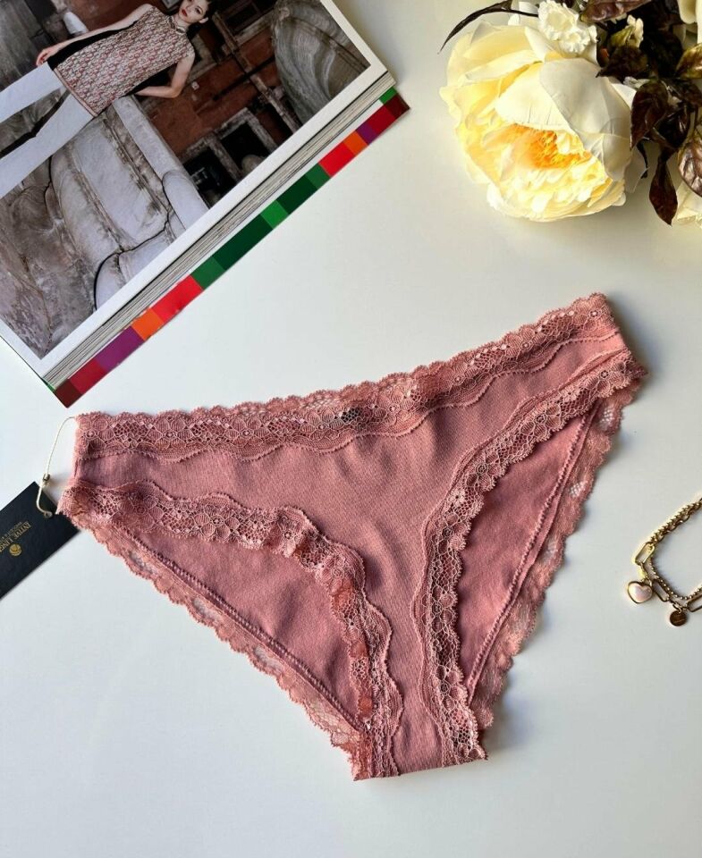 Arlet Kadın Pamuklu Rahat Günlük Kullanım Dantelli Slip/Külot (Lila-Gül Kurusu- Krem) Gül Kurusu - XS