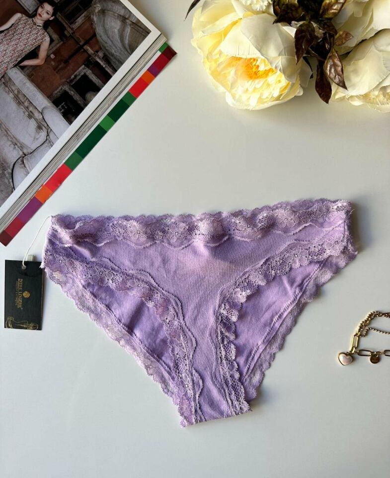 Arlet Kadın Pamuklu Rahat Günlük Kullanım Dantelli Slip/Külot (Lila-Gül Kurusu- Krem) Lila - S