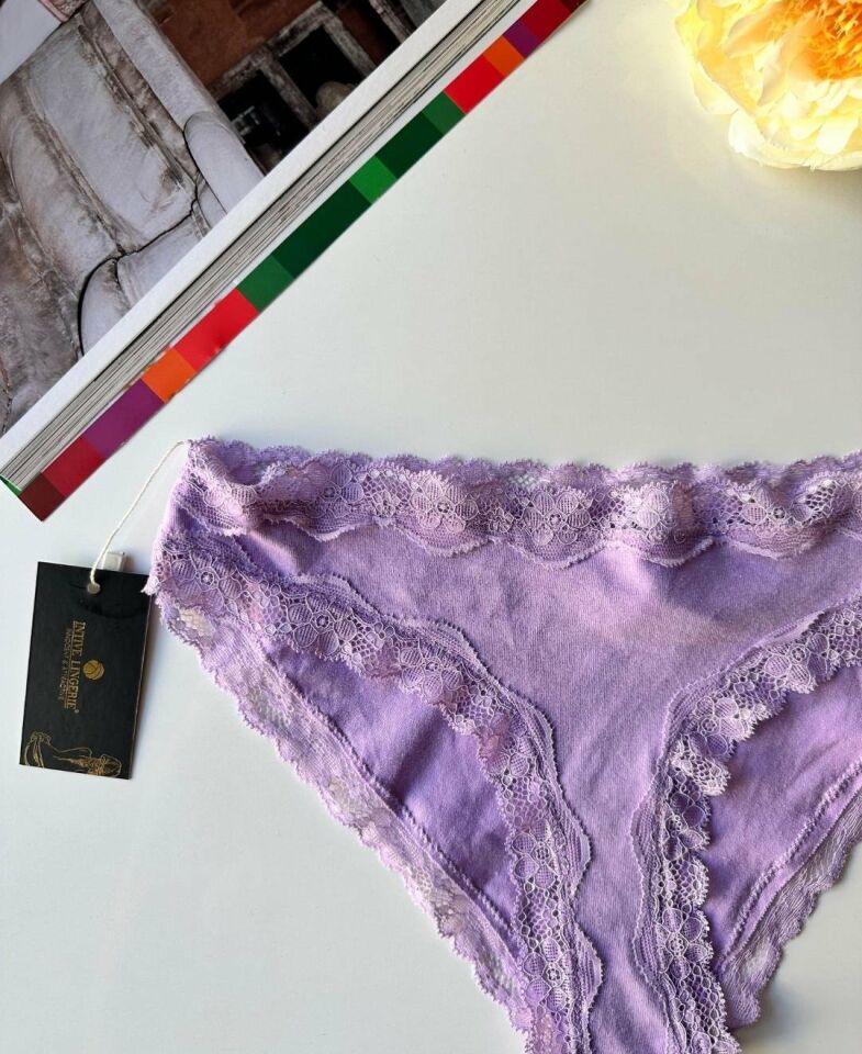 Arlet Kadın Pamuklu Rahat Günlük Kullanım Dantelli Slip/Külot (Lila-Gül Kurusu- Krem) Lila - S