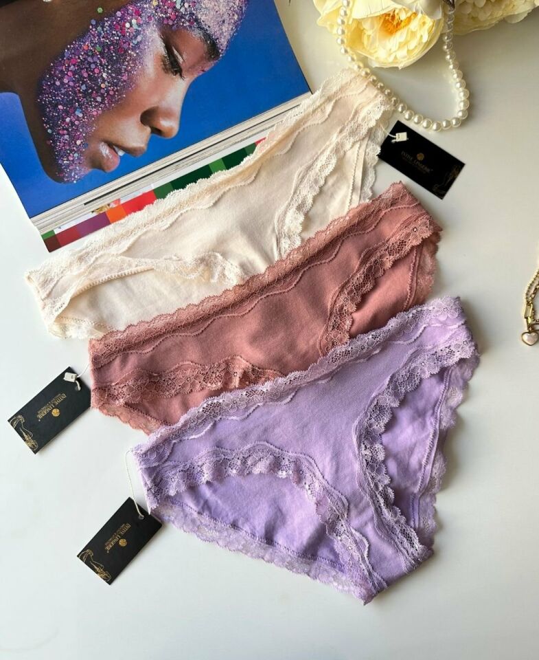 Arlet Kadın Pamuklu Rahat Günlük Kullanım Dantelli Slip/Külot (Lila-Gül Kurusu- Krem) Lila - S