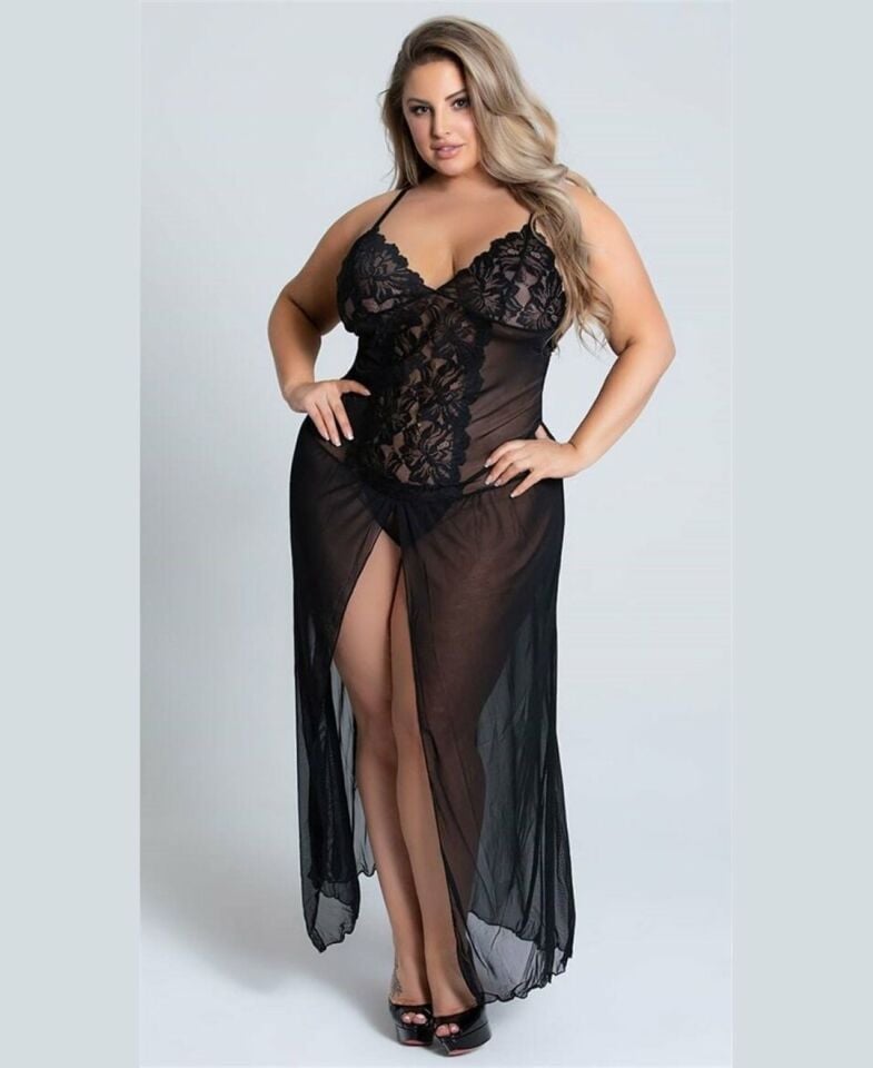 Intive Büyük Beden Battal Derin V Yaka Kesim Dantelli Önden Yırtmaçlı Transparan Gecelik Siyah - XL/2XL