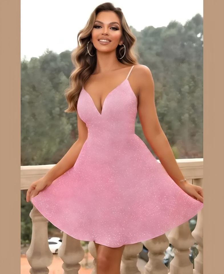 Intive Pudra Pembe Simli V Yaka İnce Askılı Mini Abiye Elbise/Gecelik Pudra  - XL