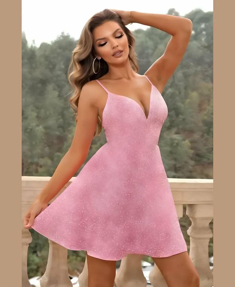 Intive Pudra Pembe Simli V Yaka İnce Askılı Mini Abiye Elbise/Gecelik Pudra  - XL