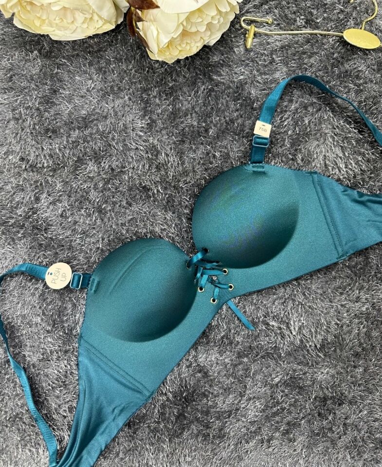 Natasha İthal Balensiz Push-up Lazer Kesim Önden Bağlamalı Rahat Sütyen -8388 Petrol Yeşili - 75B