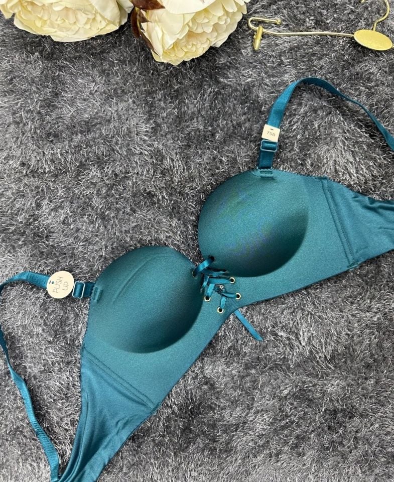 Natasha İthal Balensiz Push-up Lazer Kesim Önden Bağlamalı Rahat Sütyen -8388 Petrol Yeşili - 85B