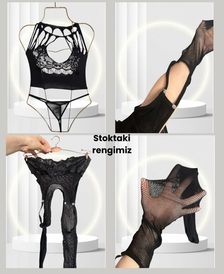 Intive Love Siyah Fileli Önü ve Arkası Dekolteli Büstiyer Jartiyerli String Çorap Takım/Vücut Çorabı Siyah - Standart