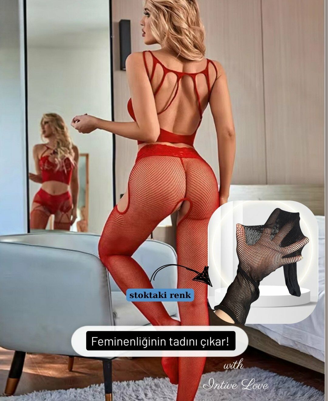 Intive Love Siyah Fileli Önü ve Arkası Dekolteli Büstiyer Jartiyerli String Çorap Takım/Vücut Çorabı Siyah - Standart