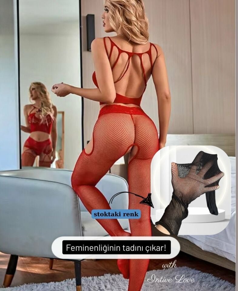 Intive Love Siyah Fileli Önü ve Arkası Dekolteli Büstiyer Jartiyerli String Çorap Takım/Vücut Çorabı Siyah - Standart