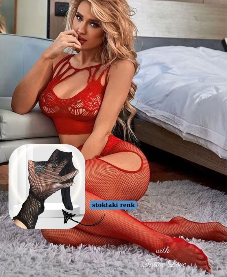 Intive Love Siyah Fileli Önü ve Arkası Dekolteli Büstiyer Jartiyerli String Çorap Takım/Vücut Çorabı Siyah - Standart