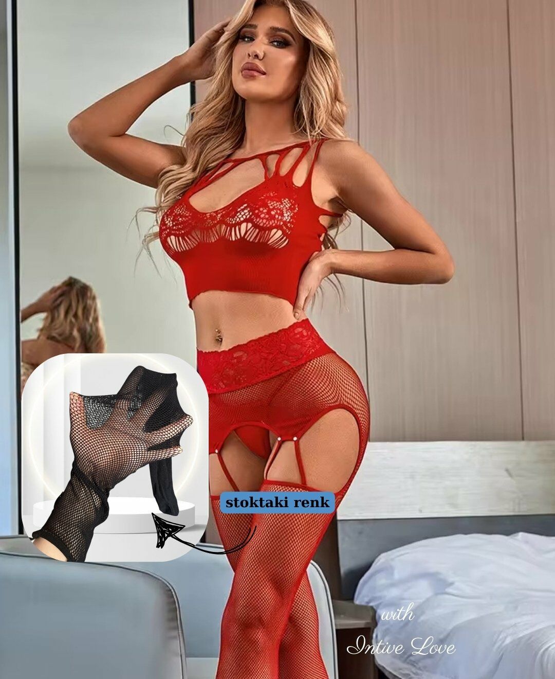 Intive Love Siyah Fileli Önü ve Arkası Dekolteli Büstiyer Jartiyerli String Çorap Takım/Vücut Çorabı Siyah - Standart