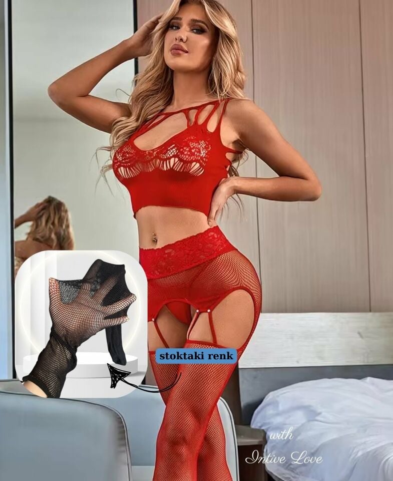Intive Love Siyah Fileli Önü ve Arkası Dekolteli Büstiyer Jartiyerli String Çorap Takım/Vücut Çorabı Siyah - Standart