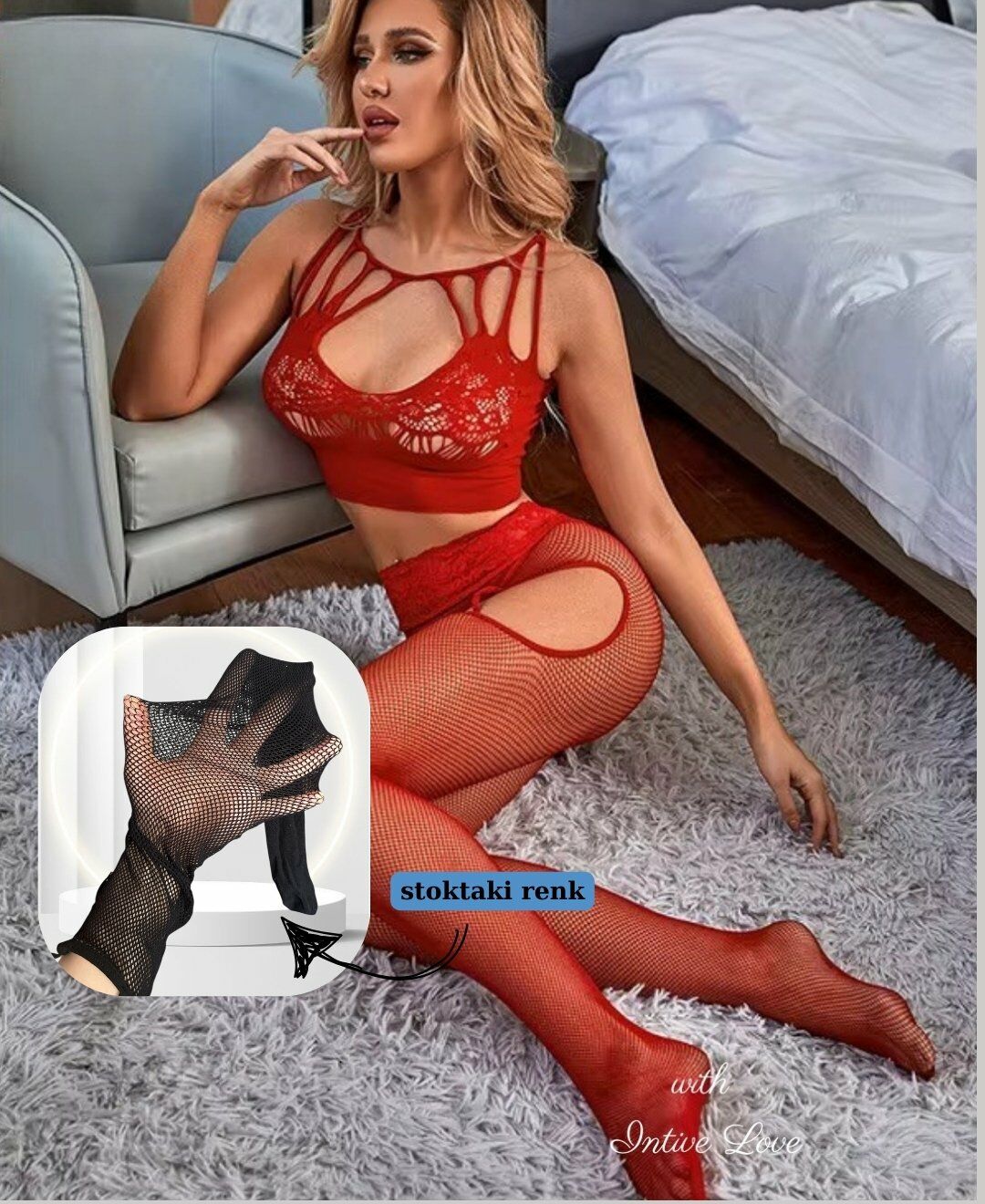 Intive Love Siyah Fileli Önü ve Arkası Dekolteli Büstiyer Jartiyerli String Çorap Takım/Vücut Çorabı Siyah - Standart