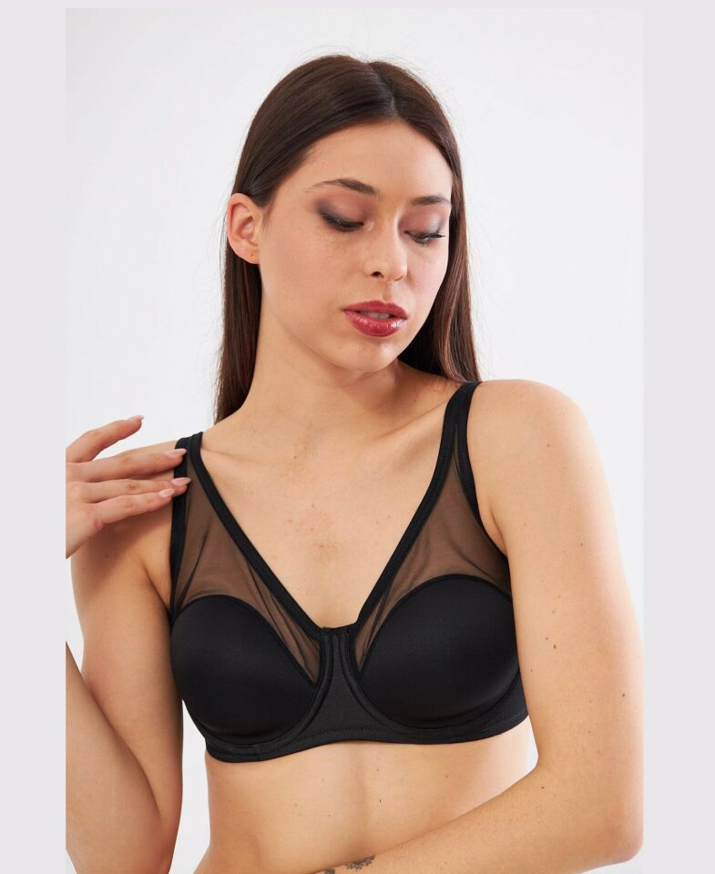 Le Jardin Linda Tül Detaylı Toparlayıcı İnce Soft Cup Sütyen (B-C CUP) -9200 Siyah - 100C