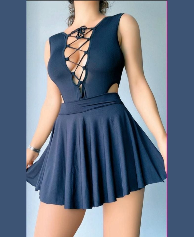 Siyah Önü Bağlama Dekolteli Seksi Gecelik/Babydoll- 1053 Siyah - L/XL