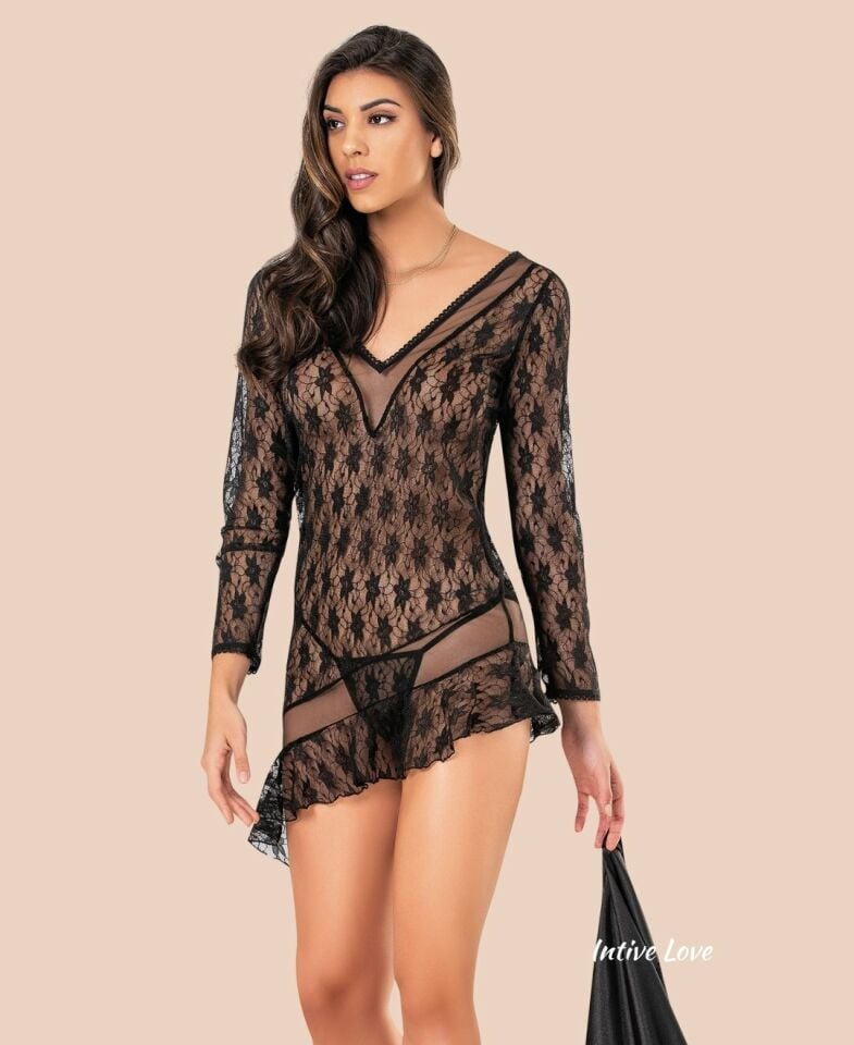 Moongirl Asimetrik Kesim Transparan Full Dantelli Uzun Kollu Mini Gecelik/Babydoll Siyah - L