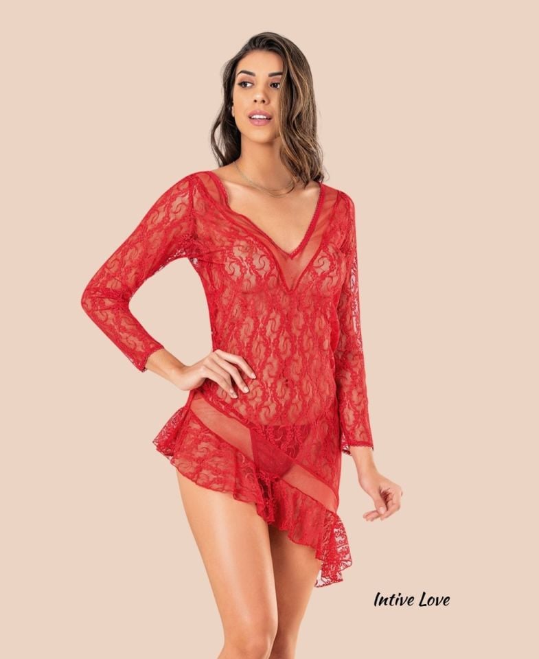 Moongirl Asimetrik Kesim Transparan Full Dantelli Uzun Kollu Mini Gecelik/Babydoll Kırmızı - L