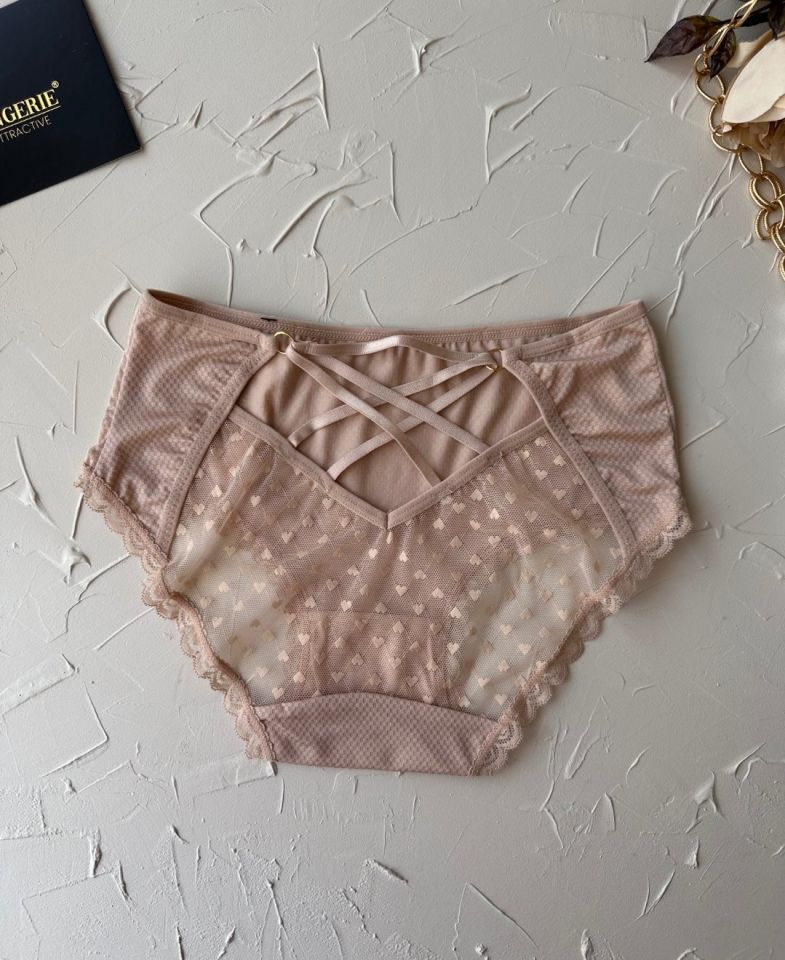 Pointy Love Kalpli Transparan Kumaş Arkası Dekolte Şeritli Yüksek Bel Slip Pudra  - L