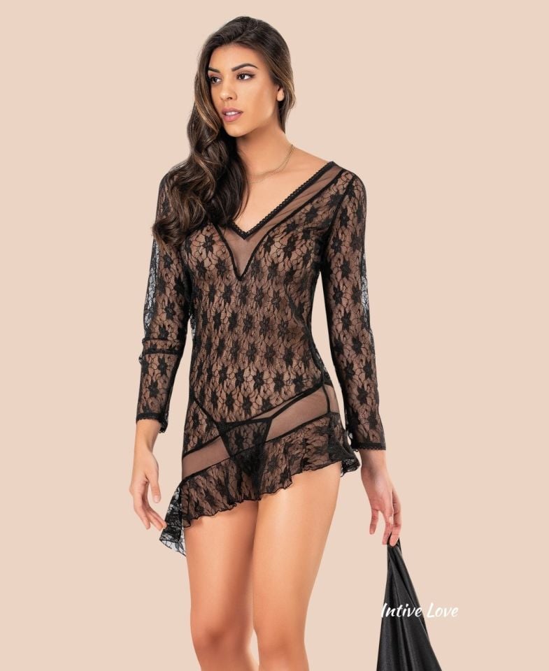 Moongirl Asimetrik Kesim Transparan Full Dantelli Uzun Kollu Mini Gecelik/Babydoll Siyah - L