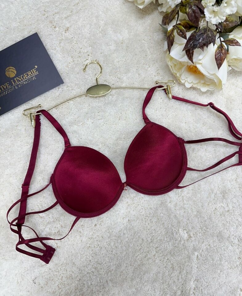 Le Jardin Valeria Biyeli Taşlı Mikro Push-up Arkası İp Detaylı Sütyen - 7007 Bordo - 75B