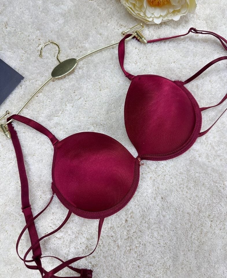 Le Jardin Valeria Biyeli Taşlı Mikro Push-up Arkası İp Detaylı Sütyen - 7007 Bordo - 80B