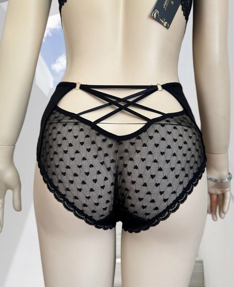 Pointy Love Kalpli Transparan Kumaş Arkası Dekolte Şeritli Yüksek Bel Slip Siyah - XL