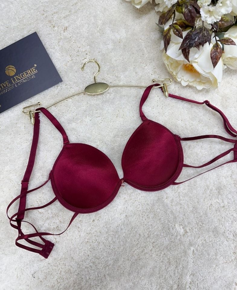 Le Jardin Valeria Biyeli Taşlı Mikro Push-up Arkası İp Detaylı Sütyen - 7007 Bordo - 90B