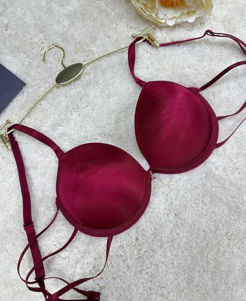 Le Jardin Valeria Biyeli Taşlı Mikro Push-up Arkası İp Detaylı Sütyen - 7007 Bordo - 90B