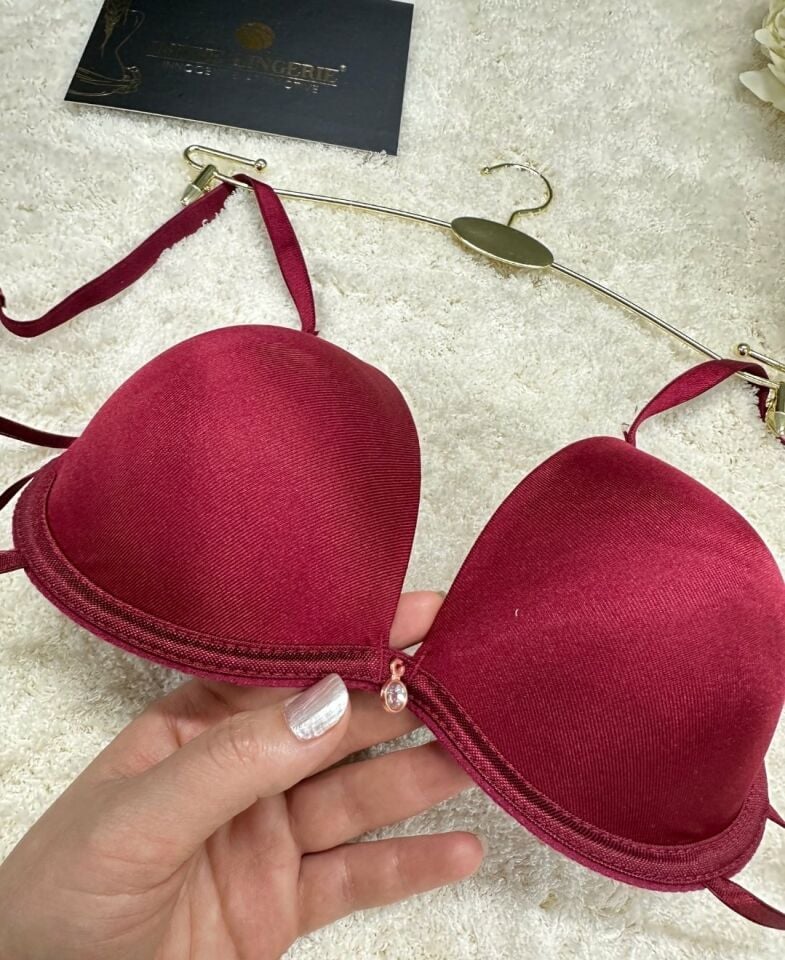 Le Jardin Valeria Biyeli Taşlı Mikro Push-up Arkası İp Detaylı Sütyen - 7007 Bordo - 90B