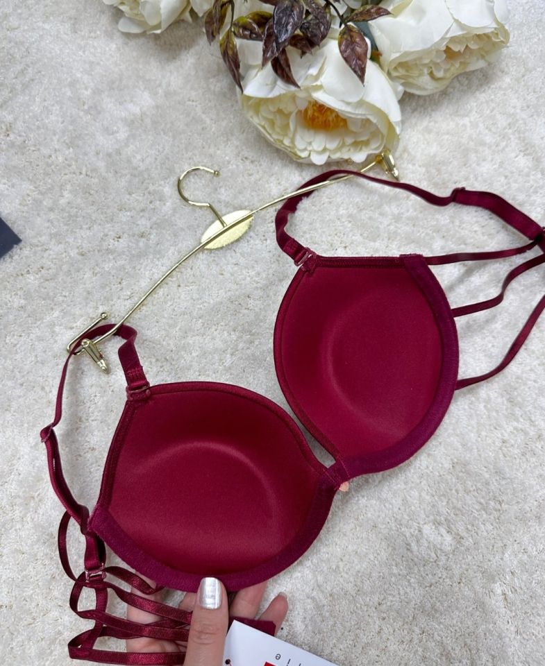 Le Jardin Valeria Biyeli Taşlı Mikro Push-up Arkası İp Detaylı Sütyen - 7007 Bordo - 90B
