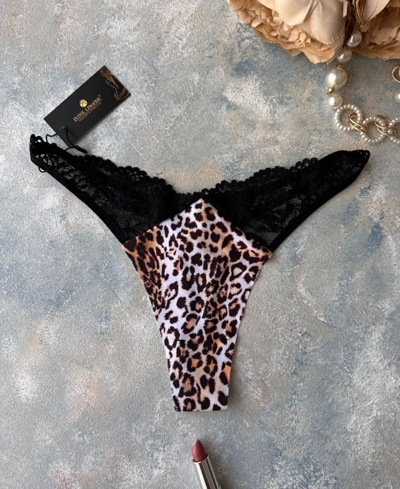 Leo Lazer Kesim Leoparlı Dantelli Brazilian Tanga - HP Leopar/Siyah - Tek Ebat