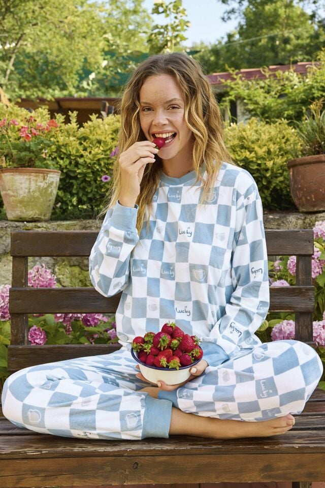 Aydoğan 'lucky' Yazılı Kadife Kare Desenli Kışlık Termal Pijama Takımı-25019 Mavi/Beyaz - XL