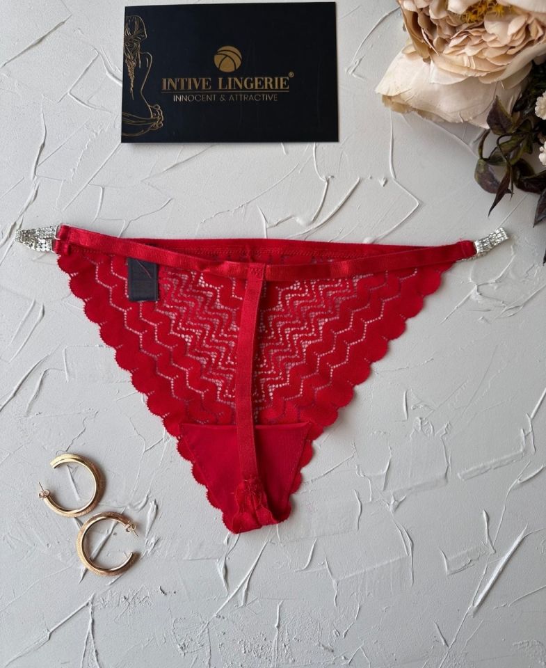 İntive Kırmızı Yanları Parlak Taşlı Şık Feminen Dantelli Kaliteli İp G-String Kırmızı - Standart