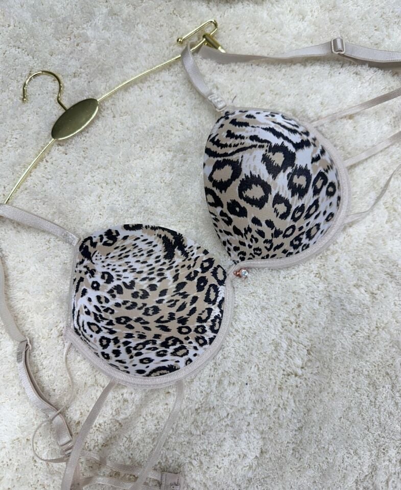 Le Jardin Valeria Biyeli Taşlı Mikro Push-up Arkası İp Detaylı Sütyen - 7007 Leopar - 90B