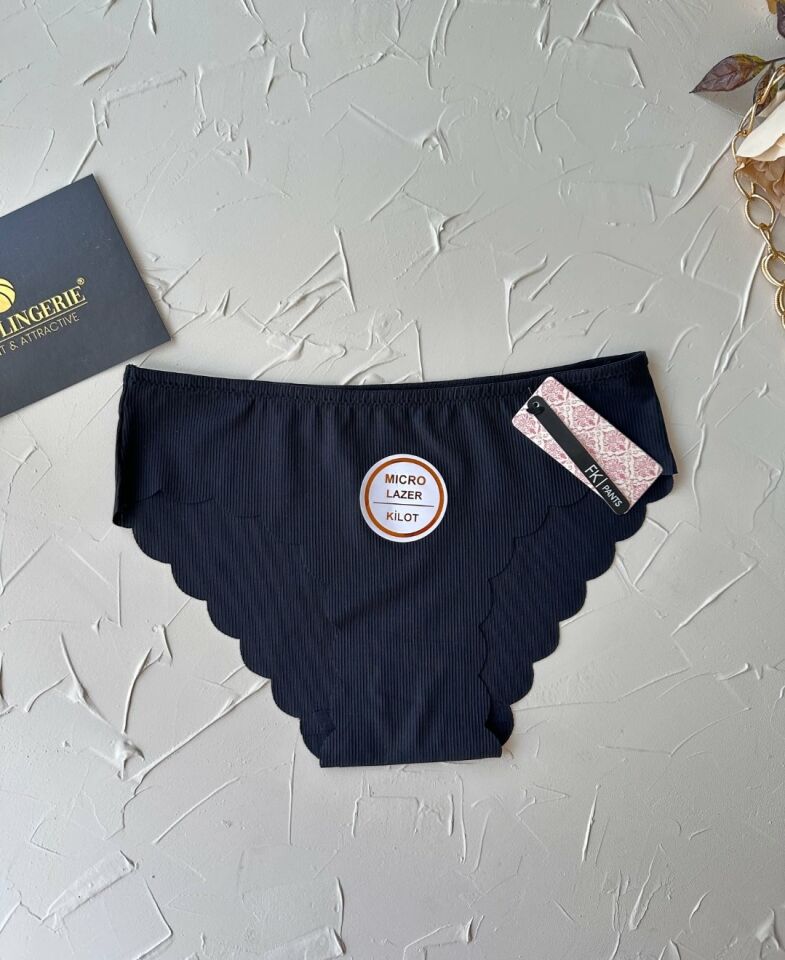 Mikro Lazer Kaşkorse Fitilli Kumaş Normal Bel Dikişsiz Slip/Külot Siyah - S